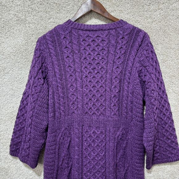 Kilronan Knitwear 100% Pure New Wool Cardigan Large Purple Chunky Knit Sweater - Picture 9 of 10